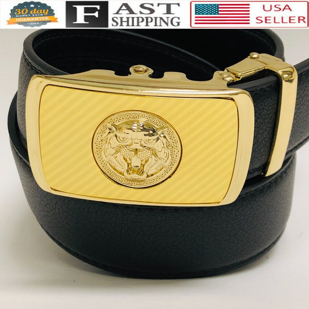 Black Leather Belt Automatic Buckle Slide No Hole Strep Ratchet‎ Gold Lion Head